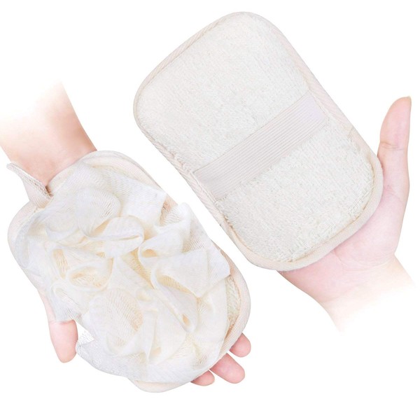 mikimini Bath Mitt for Women, Loofah Sponge & Exfoliating Pad 2 in 1 Professional Design | Exfoliating Gently with the Elastic Hand Strap or Wearing the Mitten (glove shape, 2)