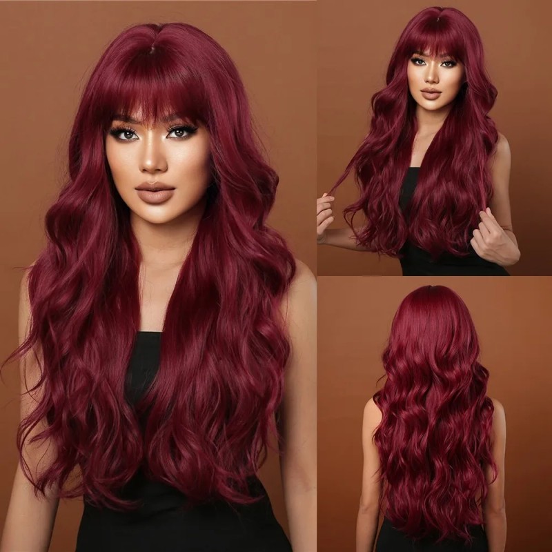 Peluca Rojo Para Mujer Larga Ondulada Flequillos Natural