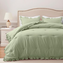 HARBOREST Queen Comforter Set Green - Ruffle Comforter for Queen Size Bed, Fluffy Queen Size Comforter Set for All Seasons, 3 Pieces Shabby Chic Bedding Comforter Set(1 Comforter & 2 Pillow Shams)