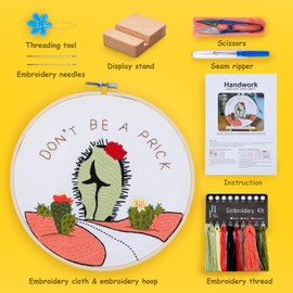 BERYA Funny Cactus Embroidery Kit with Embroidery Hoop, Easy Embroidery Kit for Beginners, Include Instructions, Display Stand, Printed Cloth, Threads and Tools - with Video Tutorials (BEC005)