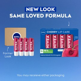 NIVEA NIVEA Cherry Lip Care, Tinted Lip Balm Pack with Shea Butter, Nourishing Oils and Vitamin C & E, 3-in-1 Moisture, Repair and Color, 0.17 Oz Stick, Pack of 4