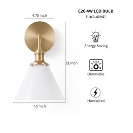 LumoCraft Brass Wall Sconce Mid Century Modern Milk Glass Cone Sconce Light, Ideal for Kitchen, Bathroom, Living Room, Bedside, Hallway (Bulb Included)