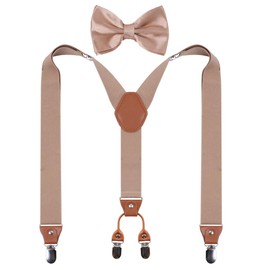 GUCHOL Men's Suspenders Bow Tie Shaped Heavy Duty with Strong Metal Clips Adjustable Elastic Wide Suspenders, Khaki