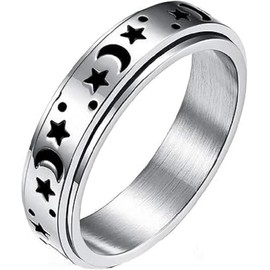 Titanium Stainless Steel Spinner Rings Moon and Star Ring Stress Relieving Anxiety Ring Engagement Wedding Promise Band for Women Men (Silvery, 8)