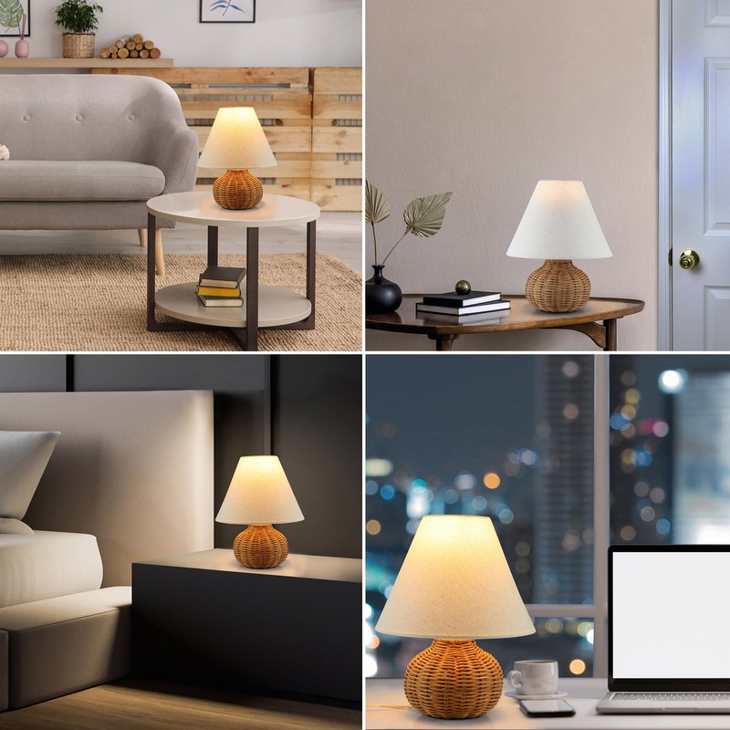 11" Small Wicker Table Lamp, Dimmable Rattan Bamboo Lamp with