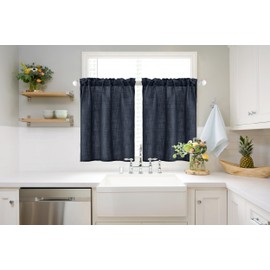 MIULEE Cafe Curtains 36 Inch Length Half Window Curtain Semi Sheer Farmhouse Short Linen Drapes for Kitchen Bathroom Basement Small Window, Rod Pocket Tier Curtains 2 Panels W26XL36, Navy Blue