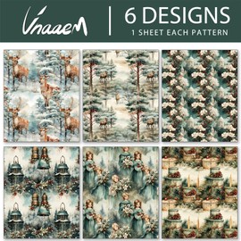 Vnaaem Watercolor Christmas Wrapping Paper 6 Style Reindeer Santa Forest and Flower Holiday Style Gift Wrap for Winter Party Vacation Baby Shower - 20 X 28 Inches 6 Folded Sheets