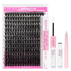 FADLASH Lash Extension Kit 100D Cluster Lashes 12-18mm Eyelash Clusters 3D Effect Individual Lashes with Bond and Seal Lash Glue and Lash Tweezers DIY at Home (Kit, 100D-07D-12-18mm)