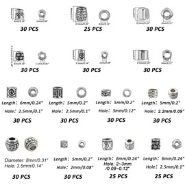 PH PandaHall - 405 abalorio redondas de metal 14 estilos tibetanos de plata envejecida, abalorio espaciadoras de columna, abalorio de barril, abalorio de aleación, abalorio sueltas para pulseras, collares, arete, joyería