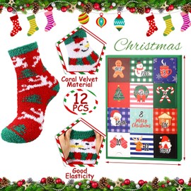 12 Pairs Christmas Fuzzy Socks Advent Calendar 2024 Unisex Socks Set for Adults 12 Days Countdown Calendar Gift Colorful Fluffy Warm Socks for Xmas Party Favor Gift Holiday