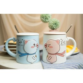 Ebros Pack Of 2 Valentines Love Pigs Blue And White Coffee Mugs With Lid & Spoon