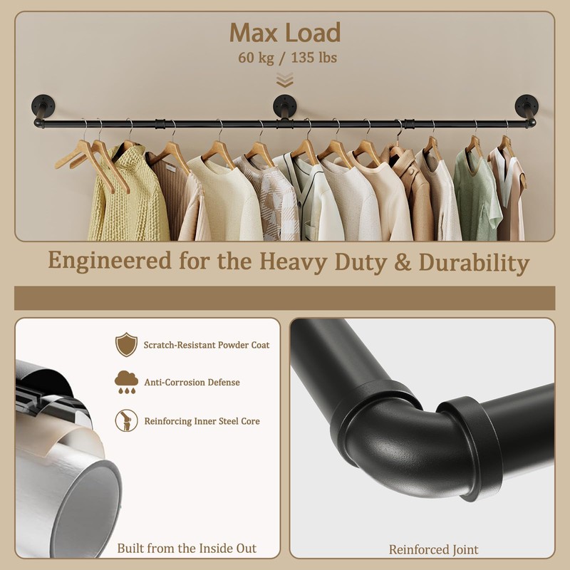 RSFMAS Wall Mounted Clothes Rack, Industrial Pipe Clothing Rack 60