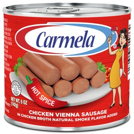 Carmela Hot Chicken Vienna Sausage & Bouillon – Puerto Rican Style Spicy Chicken Sausage in Broth with Natural Smoke Flavor – Ready to Eat, 5 oz Can (Pack of 6)
