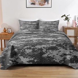 Zzzboro Quilt Set Full Queen Size Children Kids Adults, Gray Camouflage Digital Camo Army Military Bedding Decor Grey Navy Brown Us Black White Bedspread Bedroom Coverlet Bed Comforter 2 Pillowcases