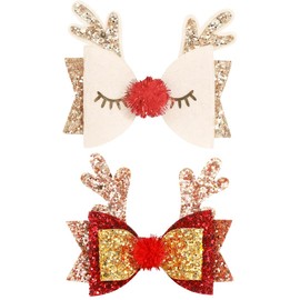 Cute Christmas Antler Girls Hair Bow Alligator Clips Glitter Red Gold Silver Pink Sequins Hair Bows Holiday Hair Accessories for Girls Toddler Kids Party Favor Gift (C)