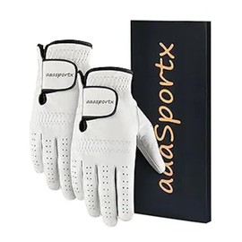 aaasportx 2 Pack Men‘s Golf Gloves, Durable White Cabretta Leather All Weather Golf Gloves Men (Small, Left)