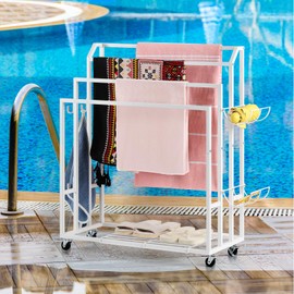 OYEAL Freestanding Towel Rack with Wheels White Blanket Ladder Holder with Shelf & 6 Hooks, Pool Towel Rack Outdoor with Wheels, White