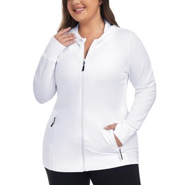 COOTRY Womens Plus Size Workout Jackets Full Zip Up Lightweight Athletic Running Hoodies White 3XL