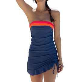 Beachsissi Bandeau Swimsuits for Women Strapless Swimwear Bathing Suits Tummy Control Color Block Tankini Skirt Sets, Navy, XL