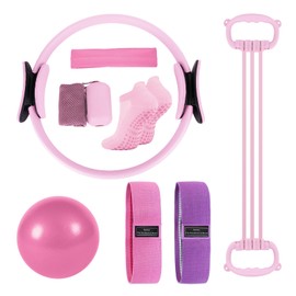 Pilates Ring Set, Home Exercise Pilates Equipment, Including A 14-Inch Pilates Ring, A 9.8-Inch Ball, Resistance Bands, and Accessories – A Fitness Gift for Pilates Enthusiasts. (Pink)