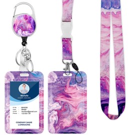 Lanyard with Badge Holder,Retractable Badge Reel with Detachable Neck Lanyard Strap and Vertical ID Holder for Nurse Doctor Students Office Staff (Lanyard Pretty Purple Marble)