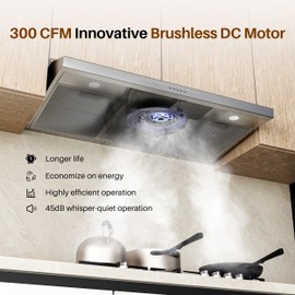 FIREGAS 36 Inch Under Cabinet Range Hood, Ducted/Ductless Convertible Kitchen Vent Hood with 3-Speed Exhaust Fan, 300 CFM, LED Lights, Stainless Steel Stove Hood for Kitchen