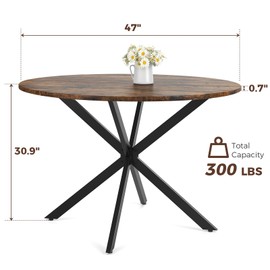 Unovivy 47 Inch Round Dining Table for 4,Space Saving Circle Dining Table with Pedestal Metal Frame,Farmhouse Wood Round Kitchen Table for Living & Dining Room,Rustic Brown