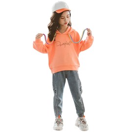amropi Girl's Clothing Set Hooded Sweatshirt and Jogging Jeans Pants Outfits Orange,13-14 Years