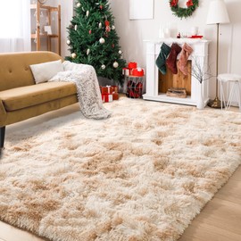 Foxmas Shag Rugs for Bedroom Living Room, 6x9Ft Soft Fluffy Tie-Dyed Rug for Kids Room with Non-Slip Backing, High Pile Nursery Carpets Fuzzy Boys Girls Dorm Home Decor Aesthetic, Beige