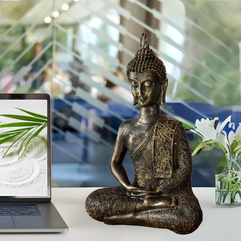 Zen Light Thai Buddha Figurine, Resin, Bronze, 10 x 23