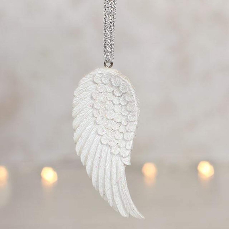 Stunning White Resin Glitter Angel Wing Hanging Decoration - 7.5cm