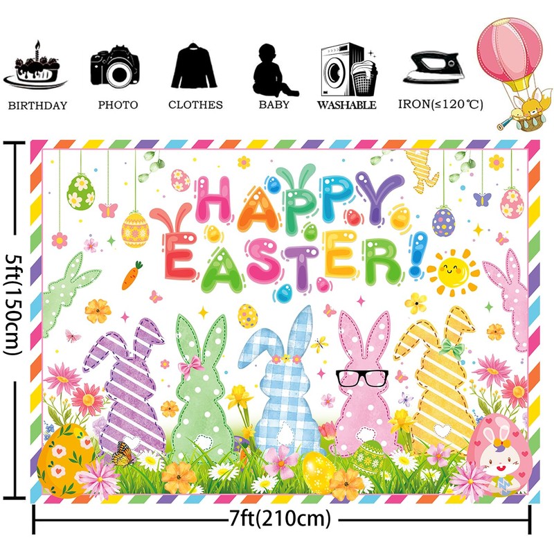 7x5ft Happy Easter Backdrop Cute Easter Bunny Style Colorful Egg