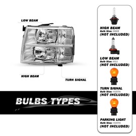 SOCKIR Fits for 07-13 Chevy Silverado Headlight Assembly Pair 2007 2008 2009 2010 2011 2012 2013 Silverado 1500 / 2500HD / 3500HD & 2014 Old Body Style Chrome Housing with Clear Reflector
