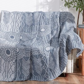 jinchan Boho 100% Cotton Blanket Muslin Lightweight Queen Size Throw Blanket for Couch Soft Cozy All Season 3-Layer Throw Cotton Coverlet Blanket for Bedroom Living Room Decor Blue 80x90 Inches