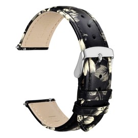 WOCCI 18mm Flower Watch Band for Women, Genuine Leather, Quick Release Strap, Silver Buckle (Ash Blooms)