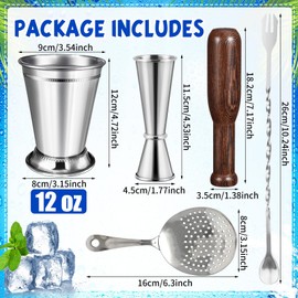 5 Pcs Mint Julep Cups Set 12 oz Stainless Steel Beaded Mint Julep Cups Silver with Jigger, Strainer, Stirring Spoon, Wooden Muddler for Mint Julep Cocktails Beer Juice Beverage