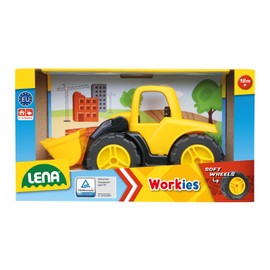 Lena 1262 Workies Shovel Loader 14 cm, Toy Vehicle Made of ABS Plastic, Wheel Loader with Movable Shovel, Rubber Tyres, Steel Axles, Construction Vehicle for Children from 18 Months, Loader in Yellow,