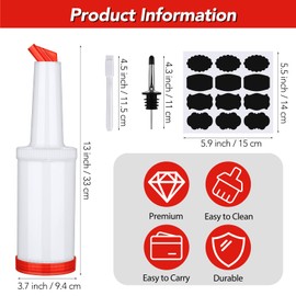 Ruisita Fruit Juice and Liquor Pour Bottles 34 oz Bar Juice Containers Plastic Pour Bottles with Stainless Steel Bottle Pourer Tapered Spout in Red for Liquor Juice Store