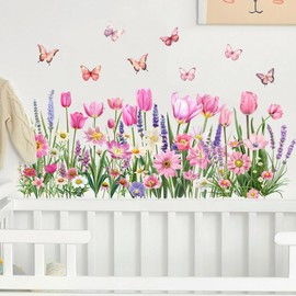 Spring Grass Flower Butterfly Wall Sticker PVC Material Removable Wall Sticker Cupboard Bathroom Glass Sticker DIY Double-sided Printing Can Be Repositioned (Tulip)