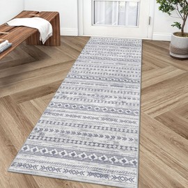 Alfasoft Moroccan Washable Runner Rug 2x7, Non-Slip Vintage Grey Neutral Boho Runners for Hallways Kitchen Rugs Soft Print Distressed Geometric Floor Carpet Runner for Bedroom Laundry