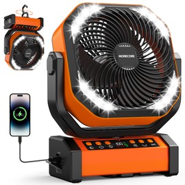 MORECORE 20000mAh Rechargeable Camping Fan with Light, 112HRS Running, 8-Speed, Auto Oscillating, Timer, LED Digital Display, 270°Pivot with Hook for Tent RV Emergency Garage-Orange