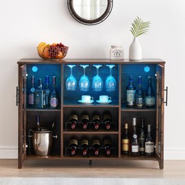 Senfot Compact Bar Cabinet with Storage, Wine Bar with Glass Shelves & Doors, Coffee Bar with LED Lighting, Small Bar Cabinet Liquor Storage for Dining Room or Kitchen, Retro Brown
