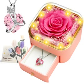 ENERLEAF Preserved Pink Real Rose with Necklace Jewelry Box -Eternal Flowers Rose Gifts for Grandma Wife Girlfriend on Valentines Mothers Day Christmas Birthday Anniversary Romantic Gifts for Her