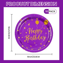EVYIENEN 50PCS Happy Birthday Purple and Gold Paper Plates, 9 inch Metallic Foil Polka Dots Disposable Dessert Party Plates Party Supplies for Graduation Birthday Weddings Holiday Christmas