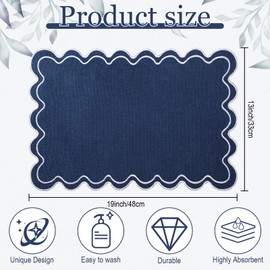 Gandeer Linen Placemats Set of 12 Scalloped Placemat 13 X19 Wavy Embroidery Double Layered Washable Farmhouse Dinner Fabric Table Mat Napkin for Wedding Party Restaurant(Regular,Navy Blue)