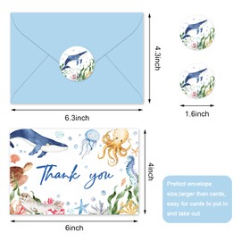 FYSUIMU 24 Pack Ocean Thank You Cards Blue Cartoon Under The Sea Note Cards with Envelopes Stickers Marine Animals Blank Greeting Card for Summer Birthday Baby Shower