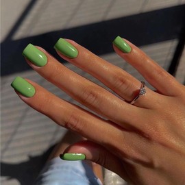 KXAMELIE Green Press on Medium Square Coffin Nails - Reusable Natural Acrylic Gel False Nails, 24pcs