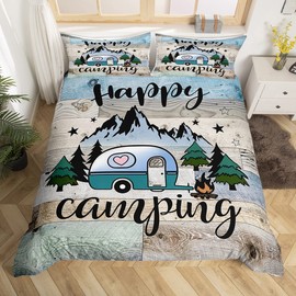 Kids Camping Bedding Set Queen Size Happy Camping Comforter Cover for Boys Girls Western Rustic Farmhouse Style Duvet Cover Vintage Old Barn Door Print Bedding Camper Decor Bedspread 3 Pcs