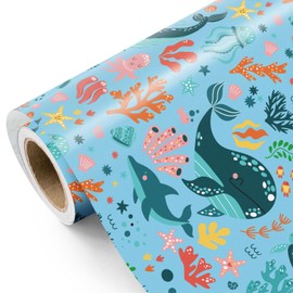 WRAPAHOLIC Ocean Wrapping Paper Roll - Mini Roll - 17 Inch x 9.8 Feet - Whales Dolphins Sea Blue Design for Boys Girls Kids Birthday, Baby Shower