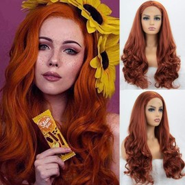 Copper Red Lace Front Wig Long Body Wavy Auburn Synthetic 13X3 Lace Front Wigs Glueless Brown Red Hair Pre Plucked Free Part Heat Resistant Hair for Women Drag Queen 22 Inch